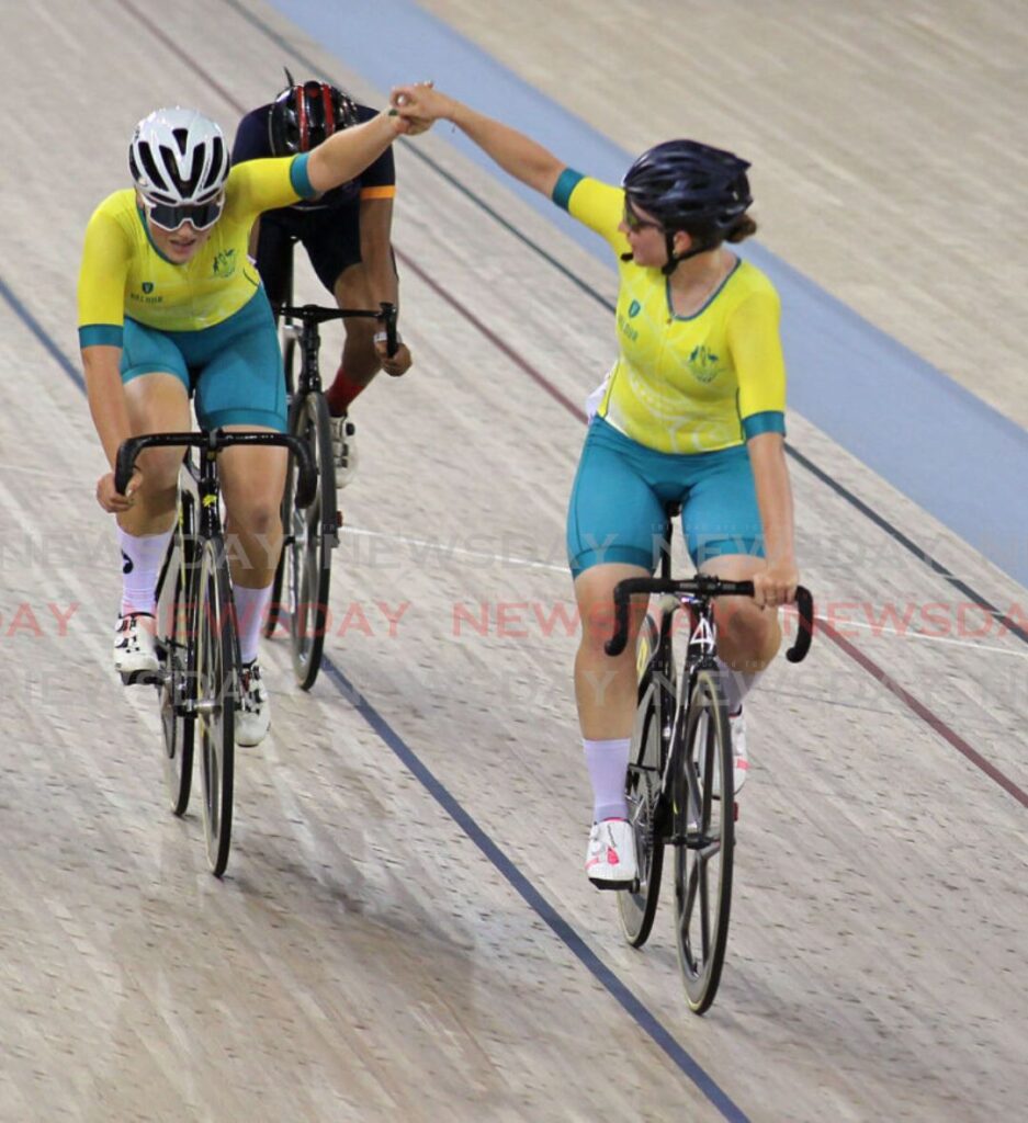 Australia's Lauren Emily Bates and Keira Will takes first and second place in the women's points race finals at the Commonwealth Youth Games 2023 at the national cycling velodrome in Couva. Photo by Lincoln Holder