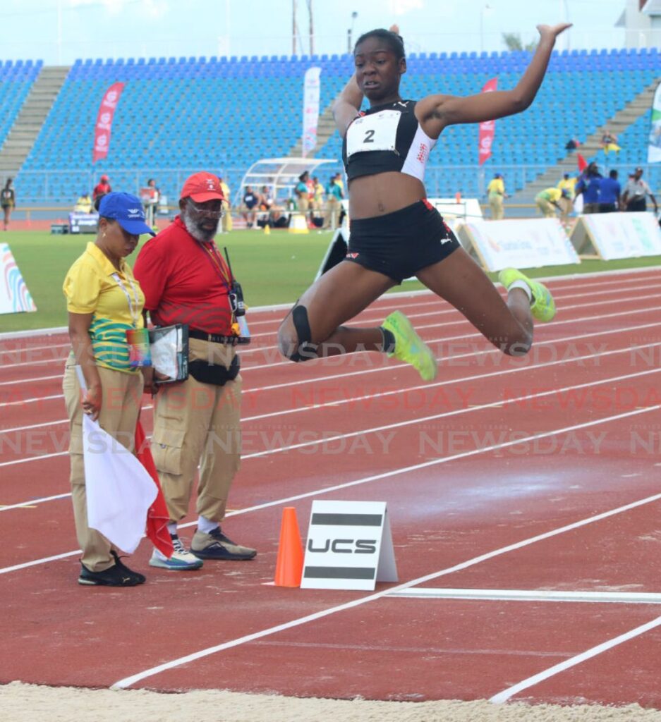 TT's Janae De Gannes jumps her way into second place in the women's long jump, at the Commonwealth Youth Games, Hasely Crawford Stadium on Monday. Photo by Angelo Marcelle