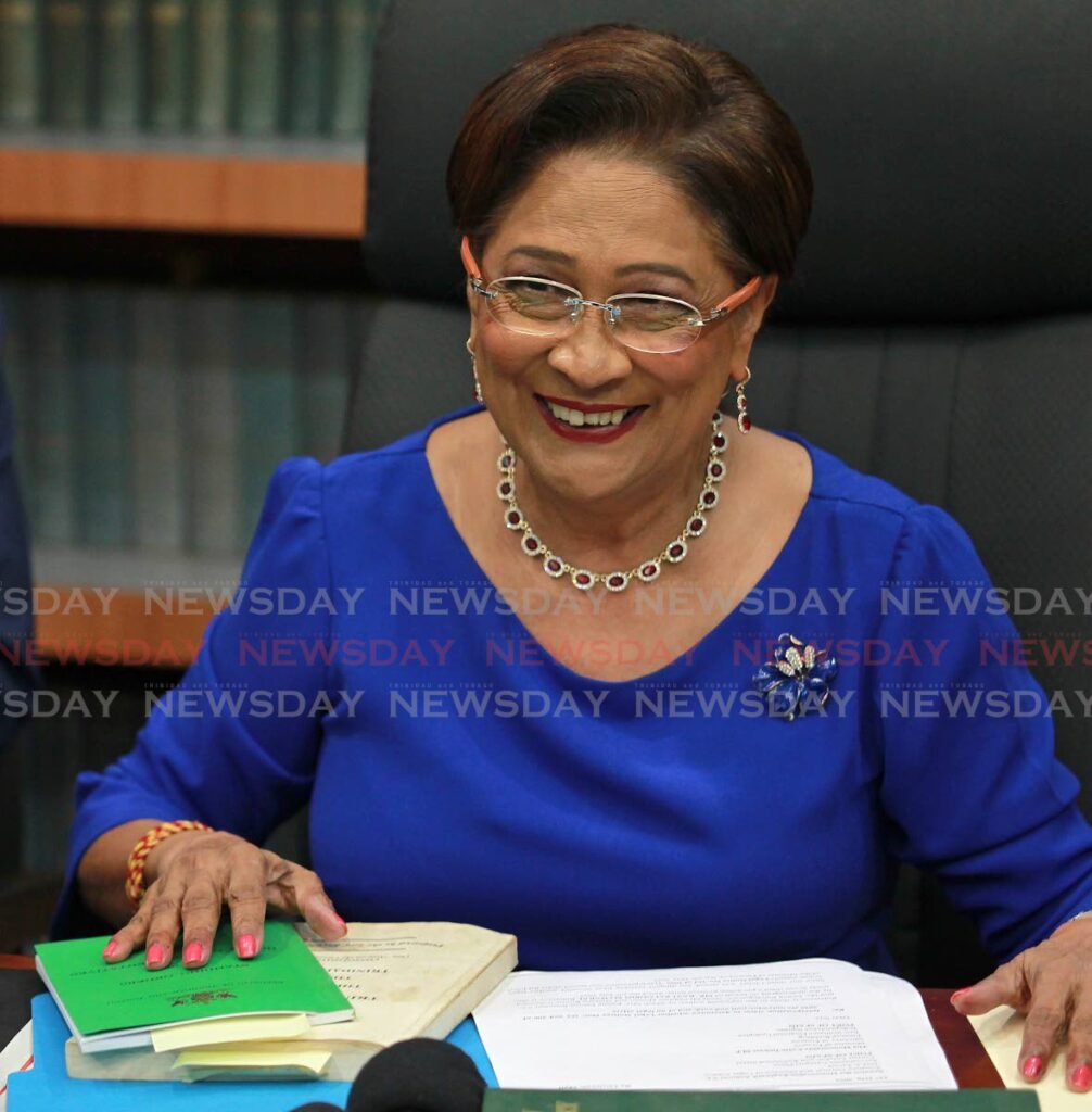Opposition leader and leader of the UNC, Kamla Persad Bissessar speaking at a news conference held at her Siparia constituency office, Penal. -Photo by Lincoln Holder