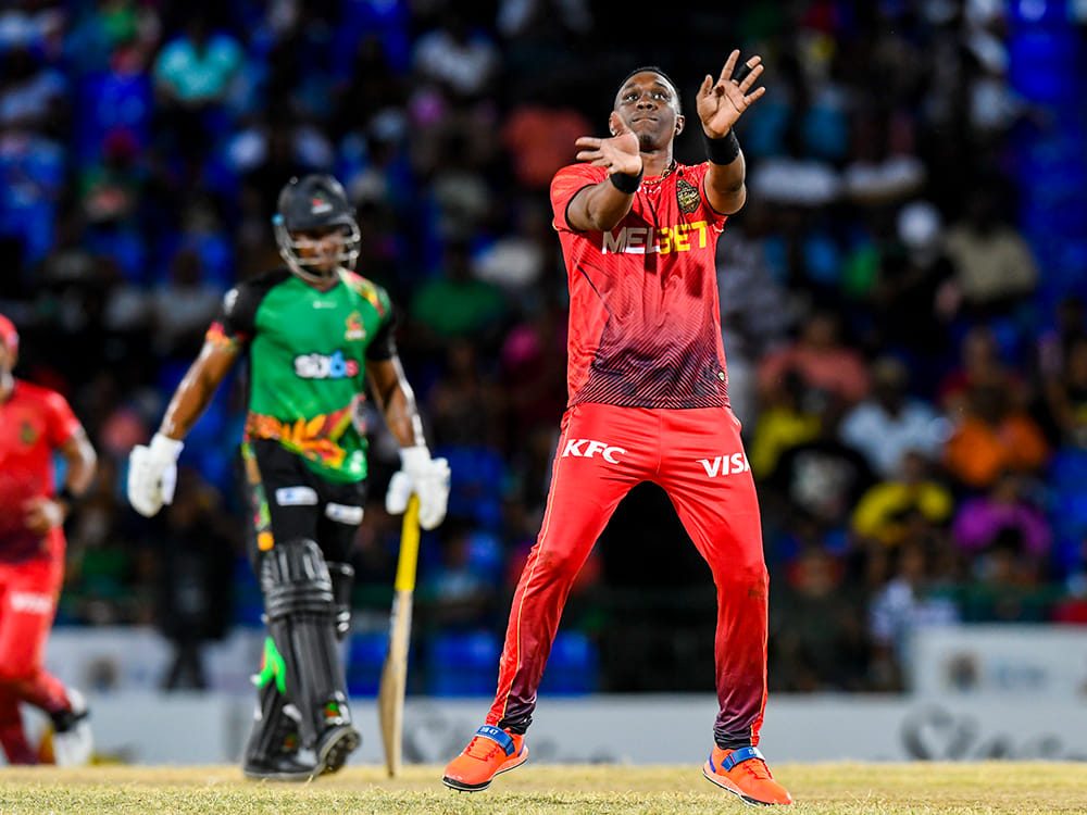 TKR's Dwayne Bravo celebrates a wicket against St Kitts and Nevis Patriots at Warner Park, St Kitts on Sunday. PHOTO COURTESY TRINBAGO KNIGHT RIDERS