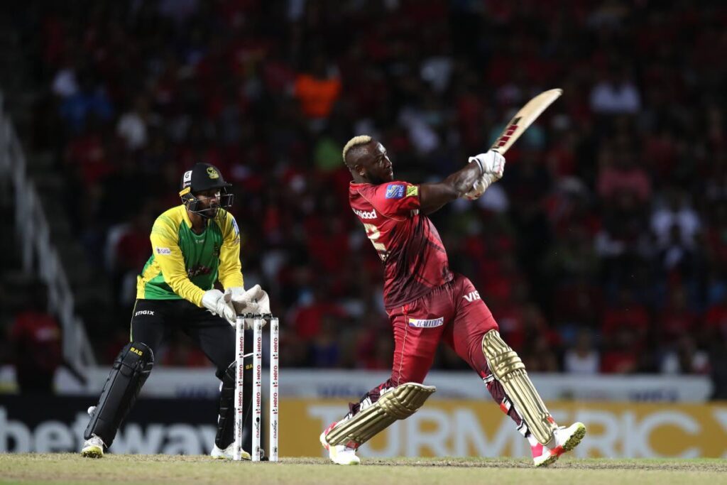 Andre Russell of Trinbago Knight Riders hits six runs during the Men's 2022 Caribbean Premier League match between Trinbago Knight Riders and Jamaica Tallawahs at the Brian Lara Cricket Academy on September 17, 2022 in Tarouba. -  CPL T20