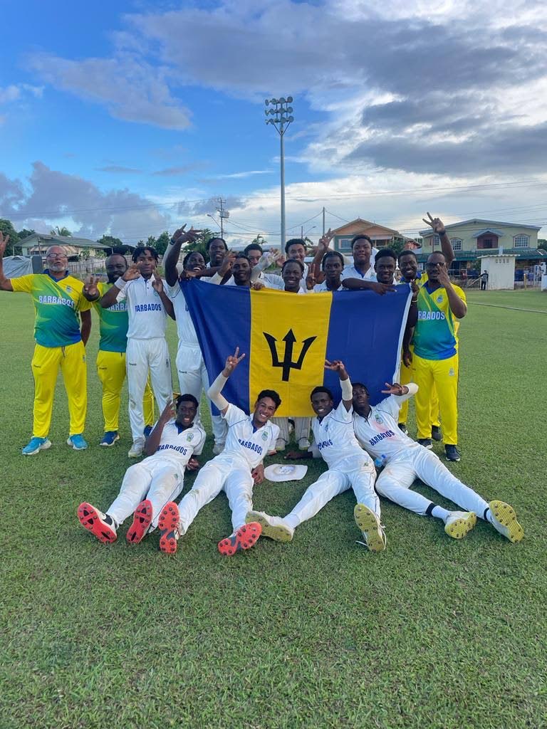 Cricket West Indies Rising Stars Under-17 Two-Day champions Barbados celebrate after lifting the title. - 