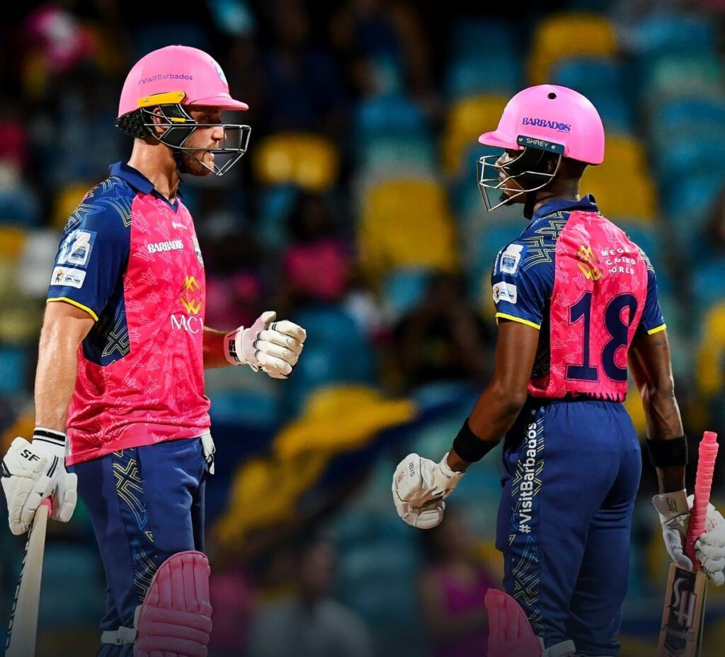 Barbados Royals batsmen Alick Athanaze, right, and Laurie Evans, at Kensington Oval, Barbados on Thursday.  - 