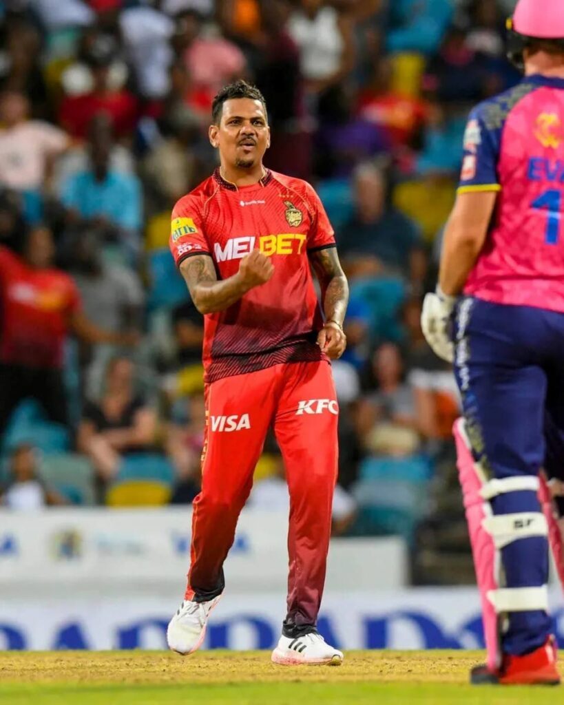 Trinbago Knight Riders spinner Sunil Narine celebrates a wicket against Barbados Royals in the Republic Bank Caribbean Premier League at Kensington Oval, Barbados. PHOTO COURTESY TKR - 