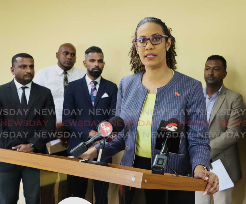St Augustine MP Khadijah Ameen speaks to the media about water issues in the country, at a press conference held at the UNC's Headquarters in Chaguanas. - Photo by Angelo Marcelle
