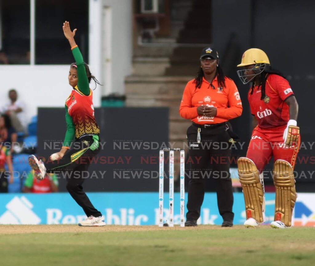 Guyana Amazon Warriors' spinner Shreyanka Patil bowls against the Trinbago Knight Riders on Tuesday during the Massy Women's Caribbean Premier League T20 match, at the Queen's Park Oval, St Clair.  - Photo by Roger Jacob
