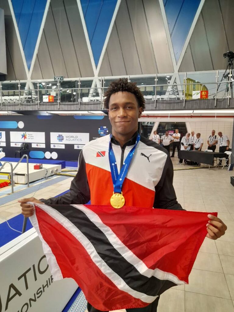 Trinidad and Tobago swimmer Nikoli Blackman celebrates after winning gold in the men's 50m freestyle event at the World Aquatics Junior Swimming Championships 2023 in Netanya, Israel on Thursday. - Bertram Blackman