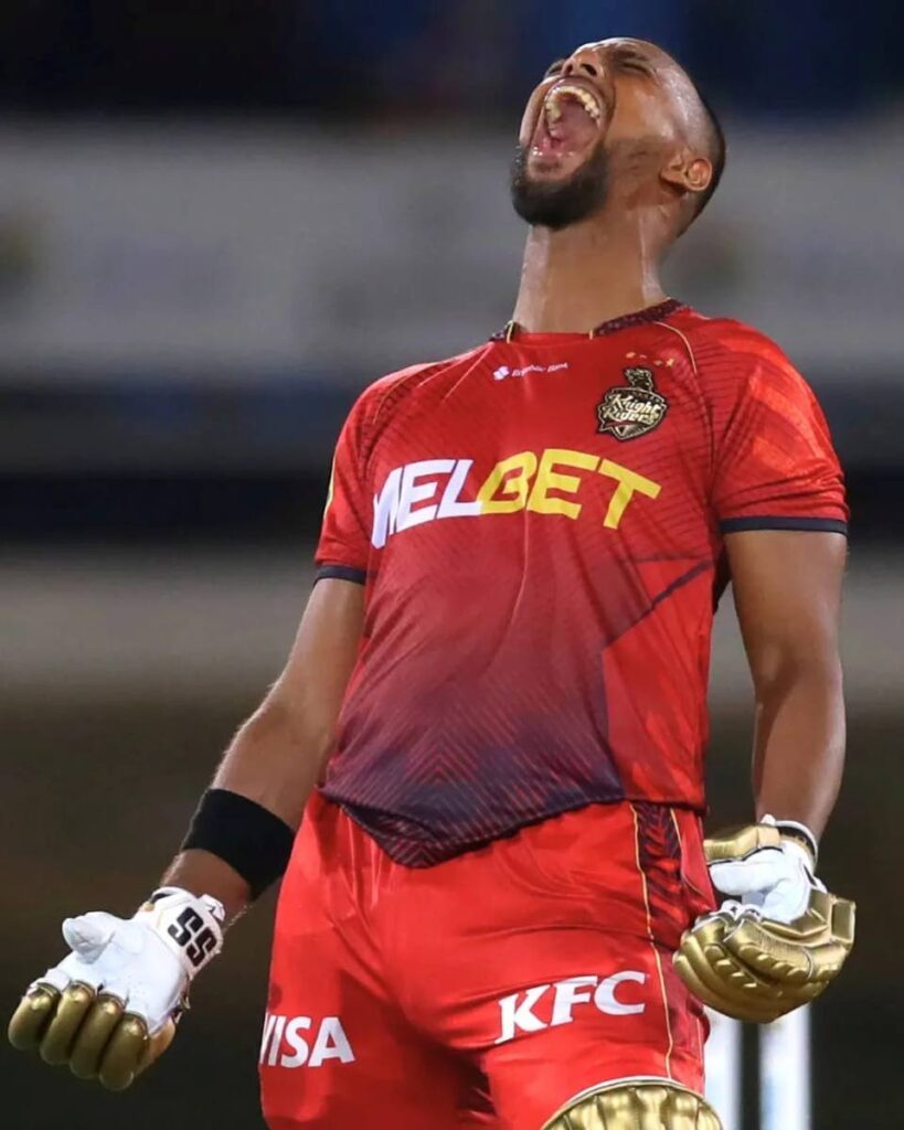 Trinbago Knight Riders' Nicholas Pooran reacts after scoring a century against the Barbados Royals during the Caribbean Premier League T20 match, on Wednesday, at the Queen's Park Oval, St Clair - (Trinbago Knight Riders)