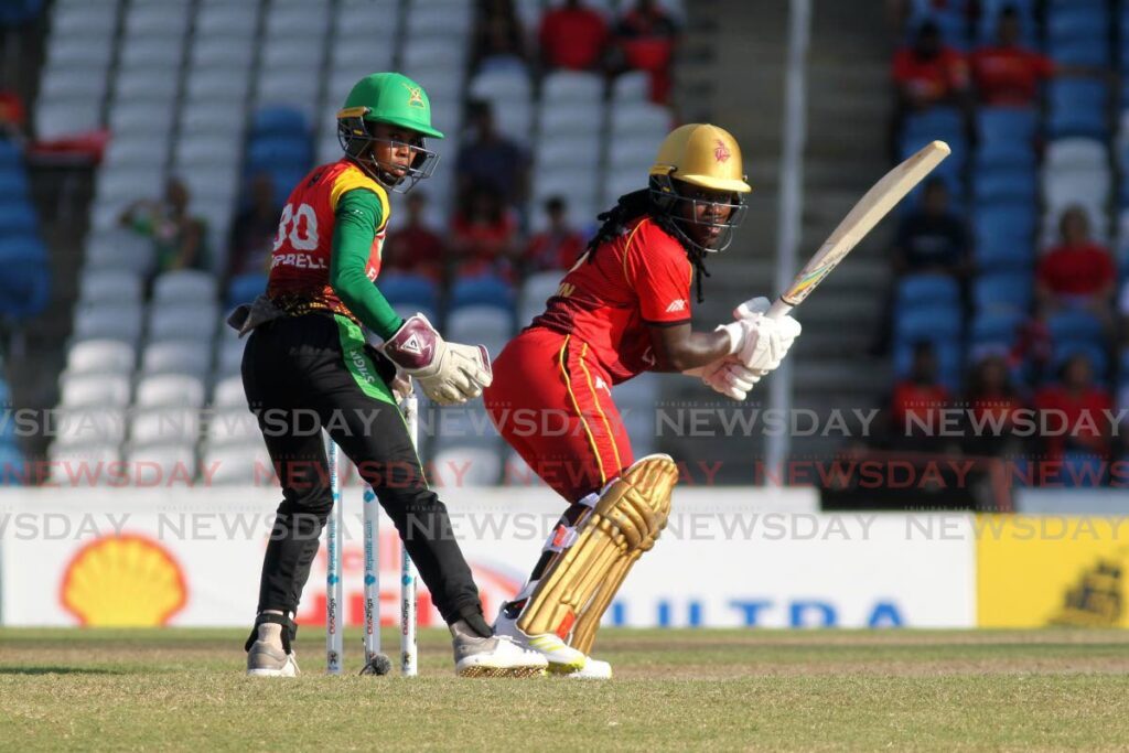 Trinbago Knight Riders’ skipper Deandra Dottin looks on after playing a shot against the Guyana Amazon Warriors during the Massy Women’s Caribbean Premier League T20 match, on Saturday, at the Brian Lara Cricket Academy, Tarouba. - Lincoln Holder