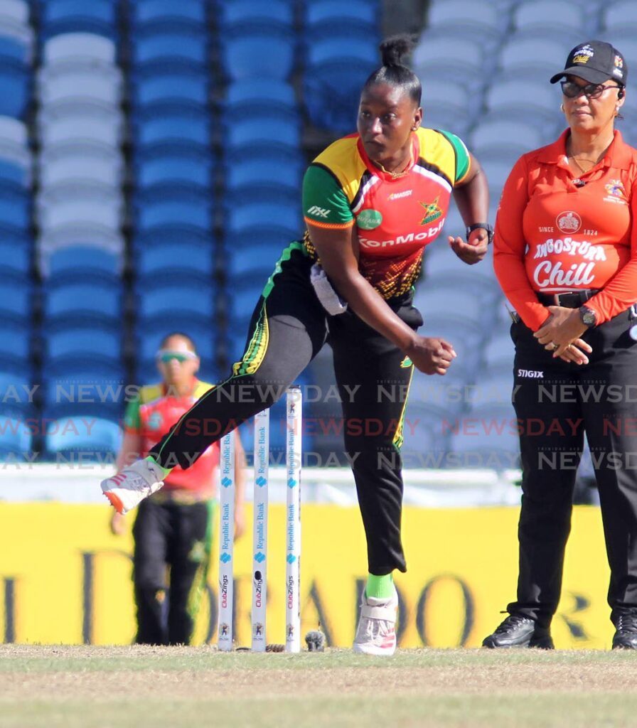 Guyana Amazon Warriors’ Sheneta Grimmond bowls during the Massy Women’s Caribbean Premier League T20 match, on Saturday, against the Barbados Royals, at the Brian Lara Cricket Academy, Tarouba. - Lincoln Holder