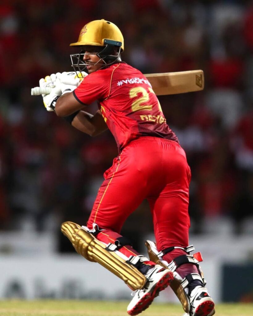 Trinbago Knight Riders' Mark Deyal on the attack against St Lucia Kings in the Republic Bank CPL at the Brian Lara Cricket Academy, Tarouba, Sunday. PHOTO COURTESY TRINBAGO KNIGHT RIDERS - 