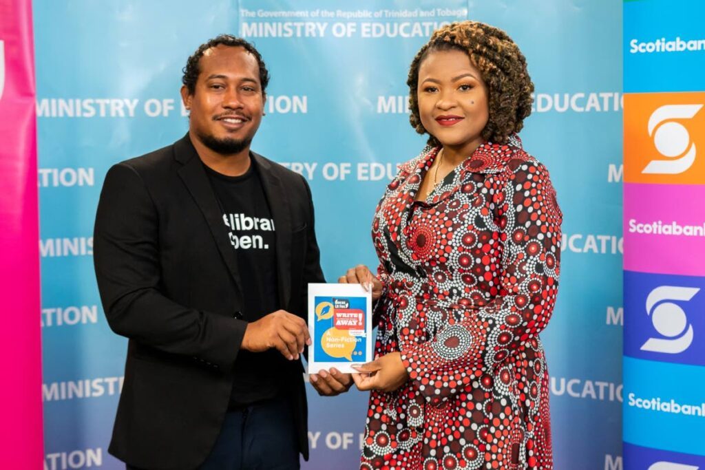 CEO of the Bocas Lit Fest hands over the Scotiabank Write Away! Young Adult Literature Programme to the Minister of Education, Dr Nyan Gadsby-Dolly   - 
