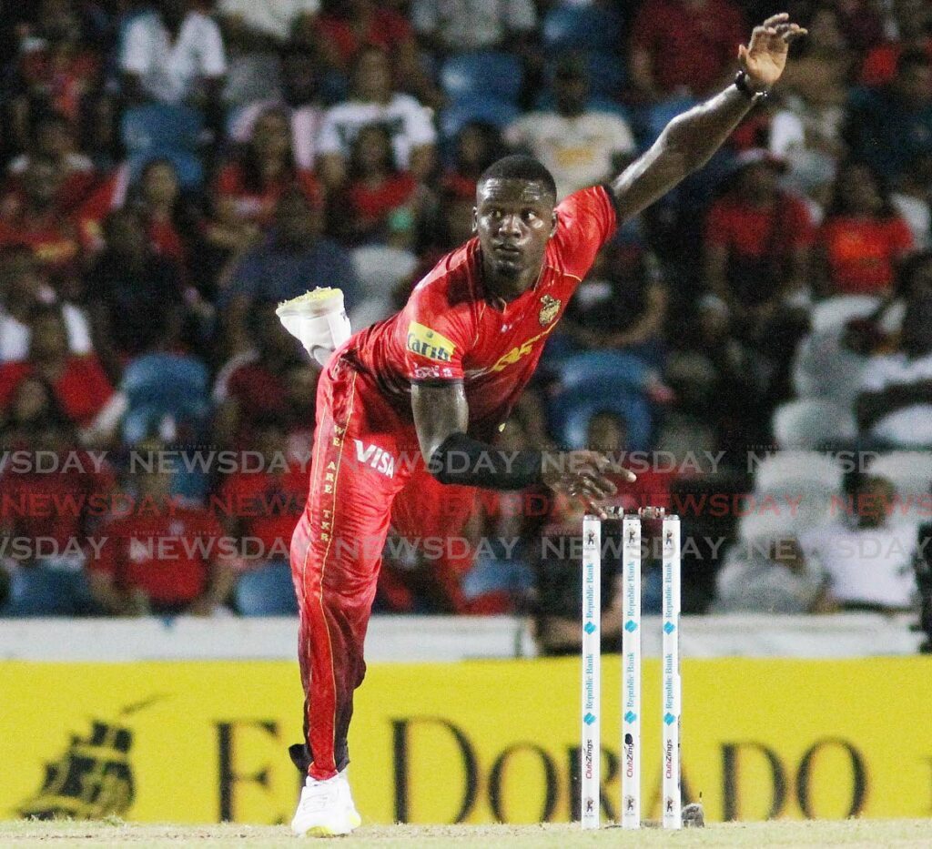 BIRTHDAY BOY: TKR pacer Jayden Seales bowls during the CPL T20 match, on Sunday night, against St Lucia Kings, at the Brian Lara Cricket Academy, Tarouba.  - Photo by Lincoln Holder