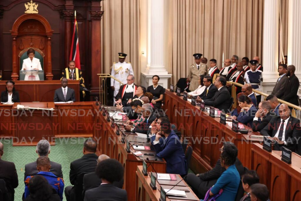 UNC senator Anil Roberts had his back turned to President Christine Kangaloo during her address to members of the senate and House of Representatives at the ceremonial opening of the Fourth session of the 12th Parliament, Red House, Port of Spain on September 11. - Photo by Jeff K. Mayers