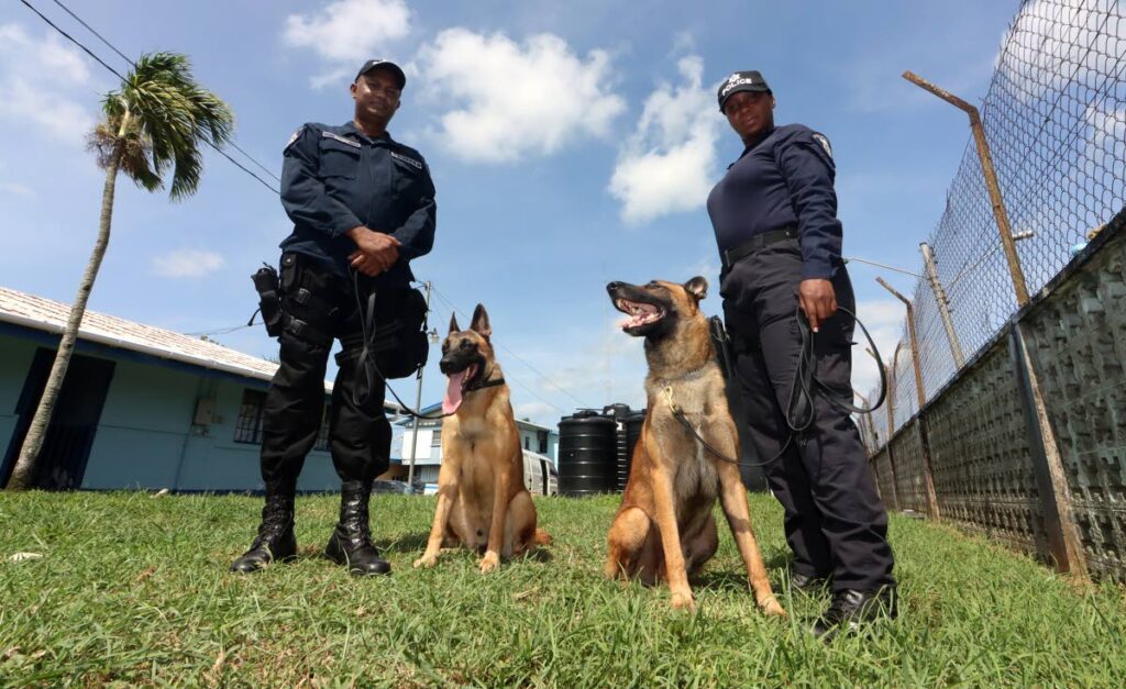 WPC Tenneal Sterling with Arrow and PC Kesh Ramlogan with Apollo at the Canine Unit in Caroni. - ROGER JACOB