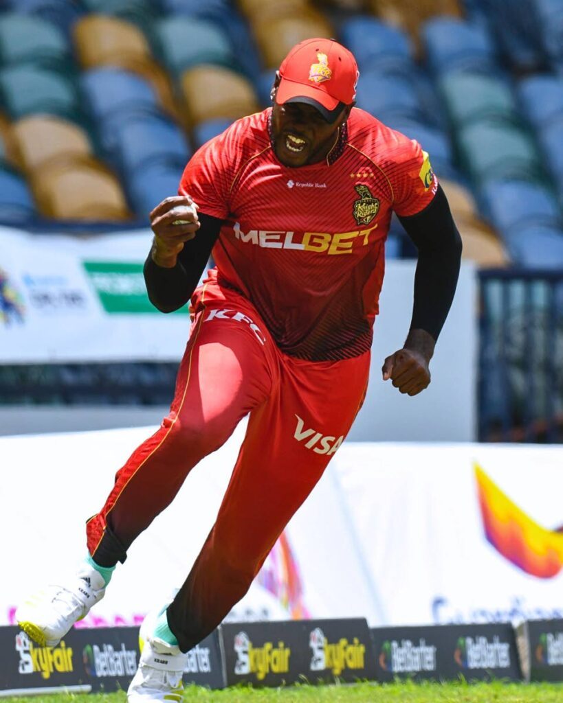 All-rounder Kadeem Alleyne celebrates after making a catch during a recent Trinbago Knight Riders CPL T20 match. - (Trinbago Knight Riders)