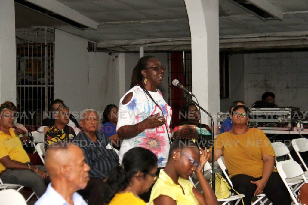 Gail Samuel gives her views during the UNC's budget consultation at SWWTU Hall, Port of Spain, on Wednesday.