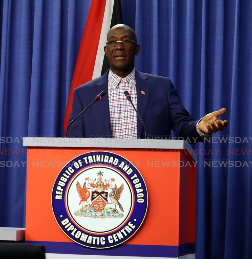 Prime Minister Dr Keith Rowley speaks during a media conference, on Thursday, at the Diplomatic Centre, St Ann’s. - Photo by Roger Jacob