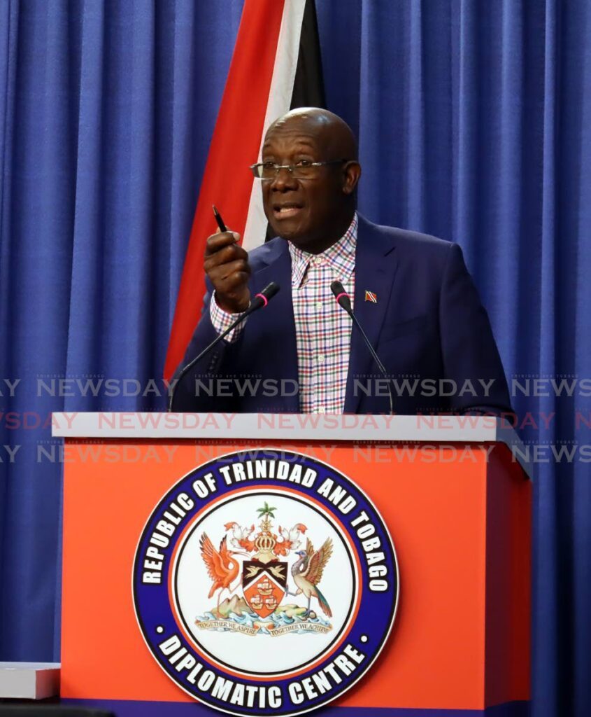 Prime Minister Dr Keith Rowley speaks at a post-Cabinet media conference at the Diplomatic Centre, St Anns, on Thursday. - ROGER JACOB
