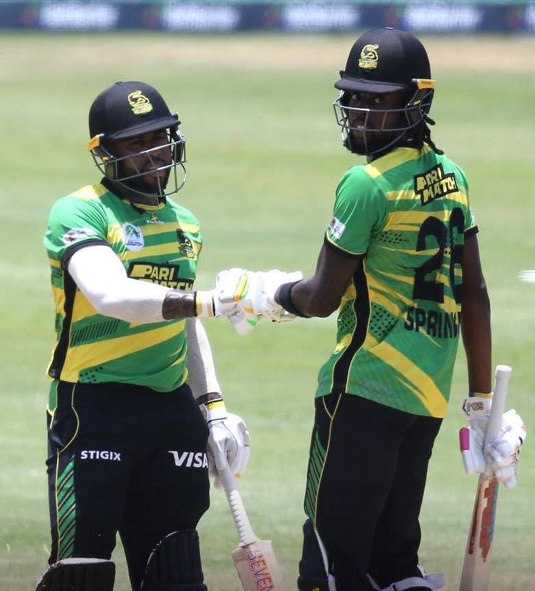 Jamaica Tallawahs batsmen Fabian Allen, left, and Shamar Springer in the wicket against St Kitts and Nevis Patriots at Providence Stadium, Guyana on Saturday. PHOTO COURTESY JAMAICA TALLAWAHS - 