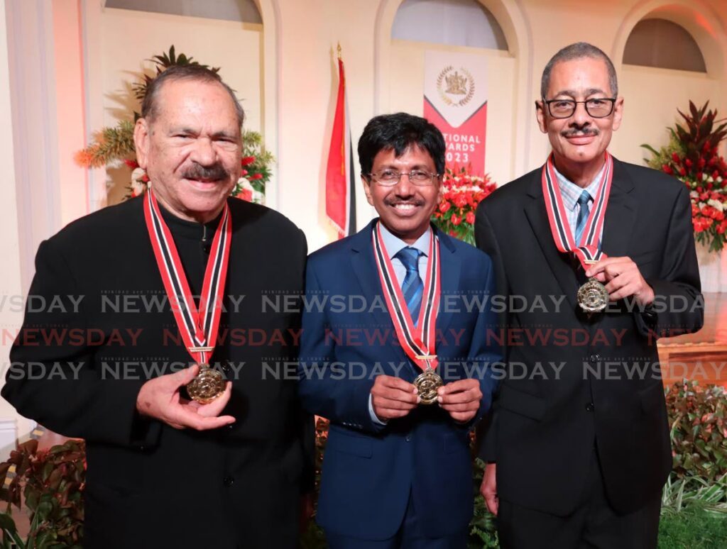 TOP HONOURS: Order of the Republic of Trinidad and Tobago (ORTT) awardees, from left, Professors Clement Imbert, Pathmanathan Umaharan and John Agard. PHOTO BY ROGER JACOB  - 