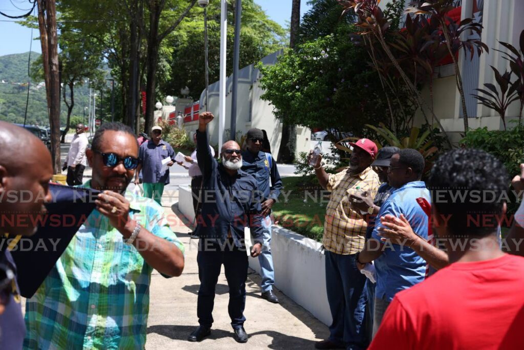OWTU Chief Education and Research Officer with former Lennox Petroleum workers protest on Victoria Avenue, Port of Spain on September 26. - Photo by Jeff K. Mayers