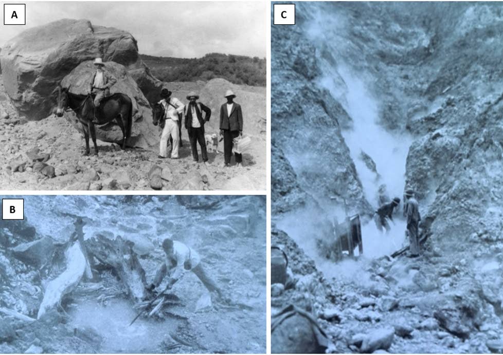 Scientists at work in Montserrat (images B and C) photographed in 1939 by volcanologist Frank Perret (seen on donkey in image A). Photo courtesy GSTT - 