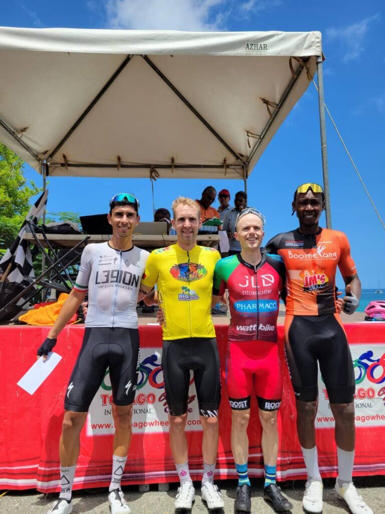 Tobago International Cycling Classic stage one winners Jonathan Brown (Miami Blazers/), second from left, second place Eder Framer (Legion of Los Angeles), left, and third place Musum Brian (Team Pharmaco/JLD), third from left. At right is fourth place Edwin Sutherland. - 