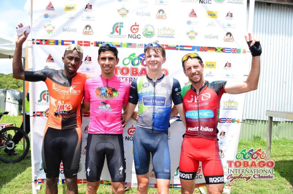 TICC stage two winner Eder Frayre, second from left, with second place TTa Akil Campbell, left, third placed American Sam Smith, third from left, and fourth ranked, Tobagonian veteran Emile Abraham. - Courtesy TICC