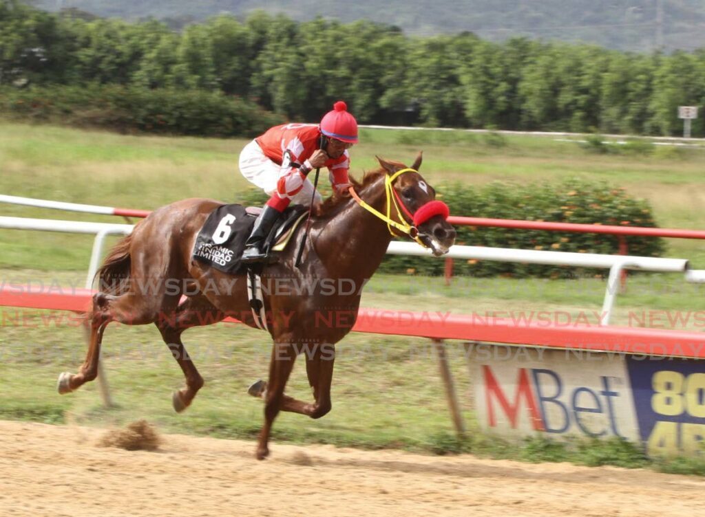 Jockey Brian Boodramsingh rides Crown Prince to victory in the Royal Colours Classic at the Santa Rosa Park on Easter Monday earlier this year. FILE PHOTO/ANGELO MARCELLE - 
