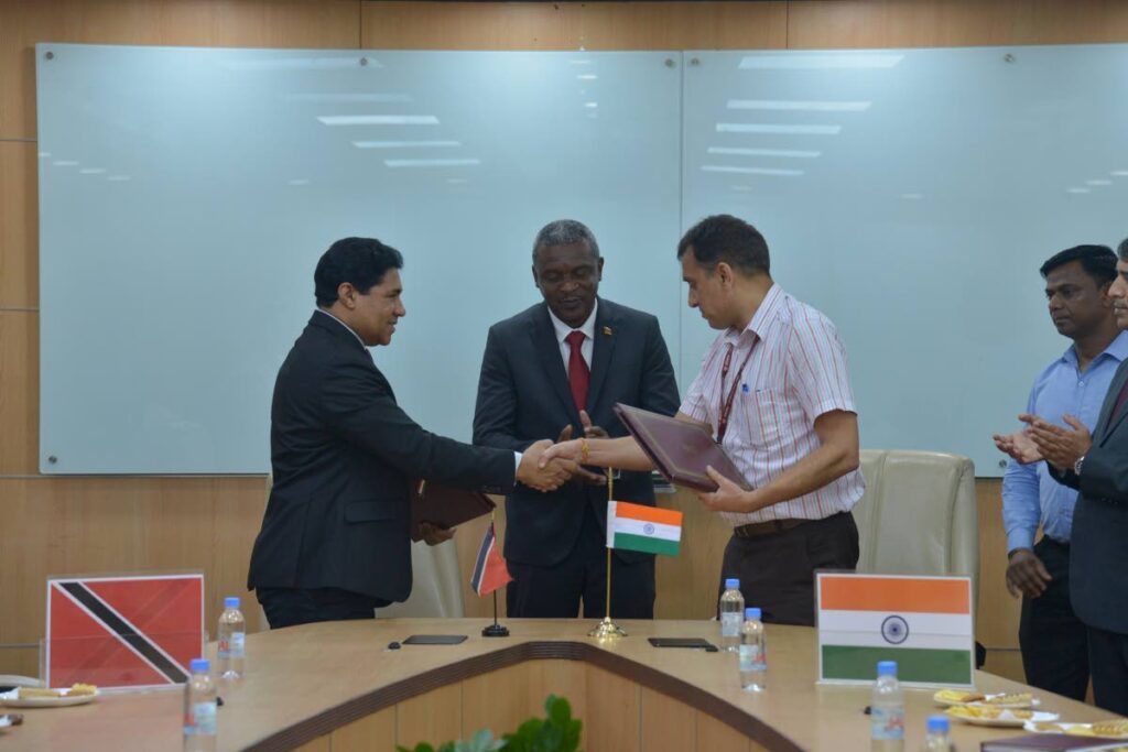 An MOU between TT and India was signed in the presence of High Commissioner of TT to India Dr Roger Gopaul (left), Digital Transformation Minister Hassel Bacchus and officals from India's Ministry of Electronics and IT.
Photo courtesy India PIB - 