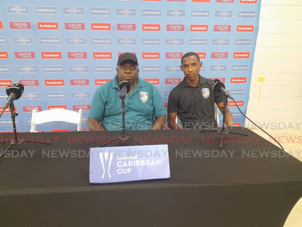 Defence Force coach Lloyd Andrews (L) and captain Jamali Garcia address the media ahead of their Concacaf Caribbean Cup match against Moca FC on Wednesday.  - Roneil Walcott