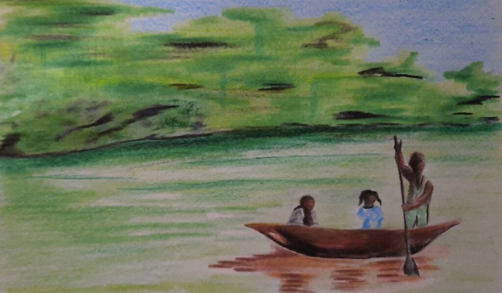 Sometimes on Saturdays, Rose's whole family went out in their wooden pirogue. - Illustrated by Tyler Villaruel