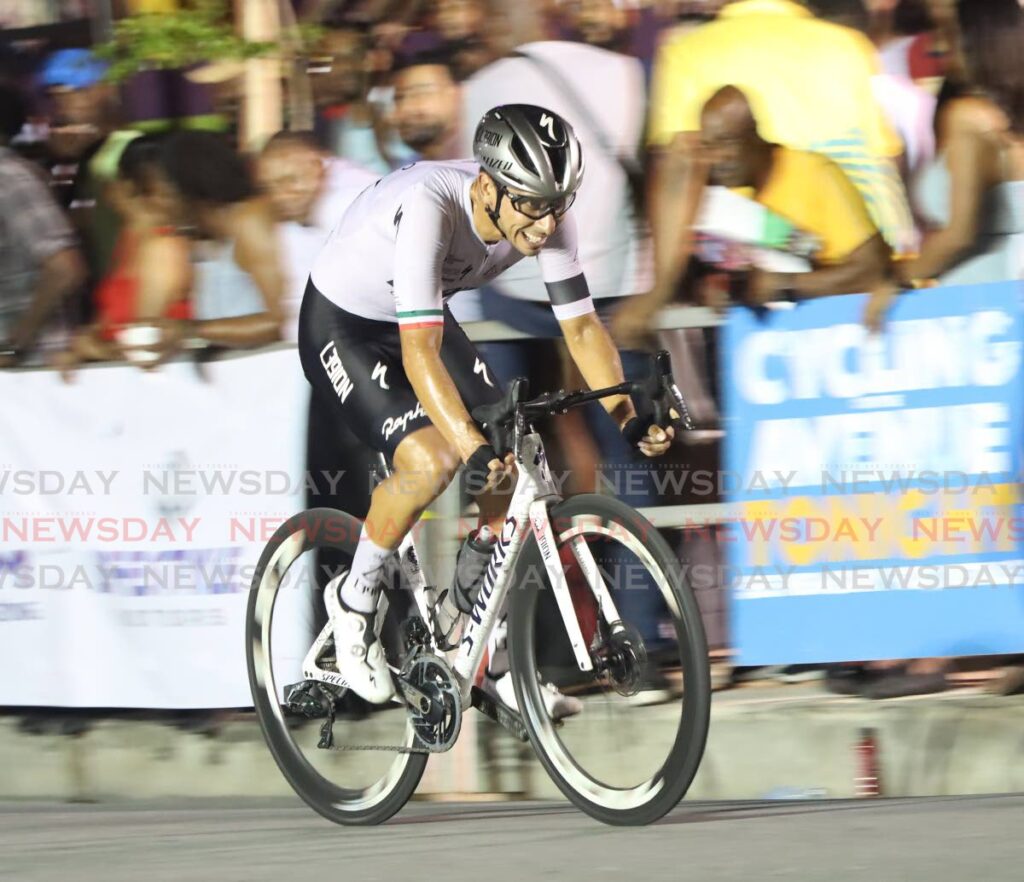 Mexican Eder Frayre on his way to victory in division one of the Cycling on The Avenue, at Ariapita Avenue, Woodbrook on Wednesday. - Angelo Marcelle