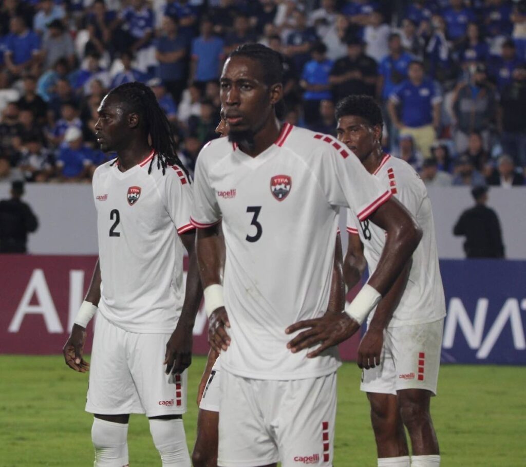 National defender Ross Russell, Jr, front, during a recent Concacaf Nations League game. - TTFA