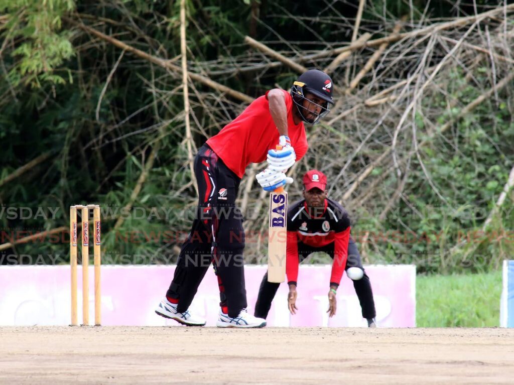 Kjorn Ottley bats for the Yannic Cariah XI in a Red Force practice match against a Joshua Da Silva XI, at the National Cricket Centre, Couva, Friday. - Roger Jacob