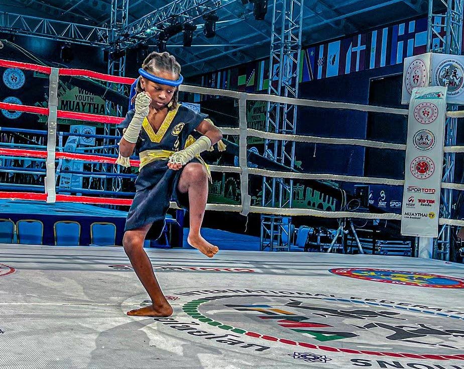 TT's eight-year old Sphinx Prescod during his golden Wai Kru performance - a traditional dance done before a fight - at the Muaythai Youth World Championships in Turkey on Friday.  - Surachad Photography