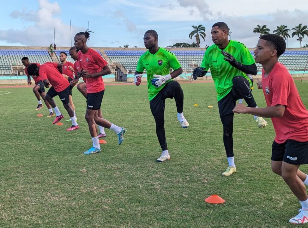 Players from the men's national football team train during a session at the Manny Ramjohn Stadium, Marabella on Monday evening. - Photo courtesy TTFA