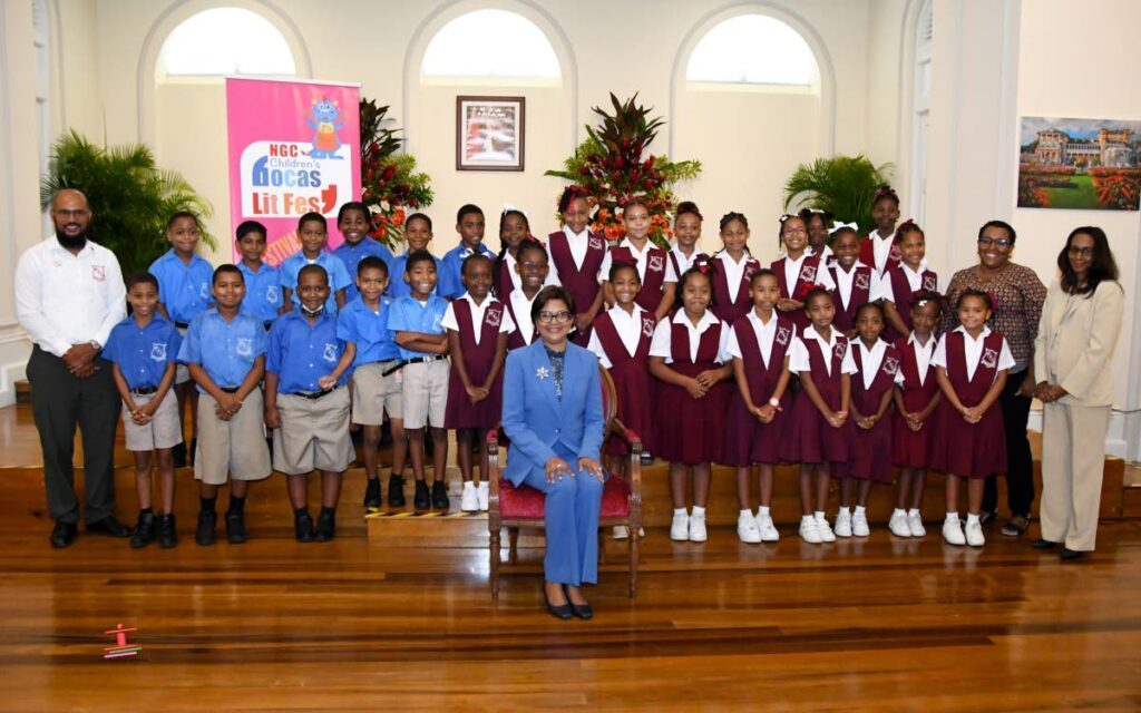 Teachers and students of Maraval RC Primary School with President Christine Kangaloo at the second instalment of Children’s Storytime at President’s House. - 