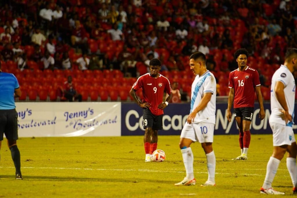 Trinidad and Tobago's Nathaniel James (9) prepares to take a free-kick during the Concacaf Nations League Group A match against Guatemala, at the Hasely Crawford Stadium, Mucurapo, on Friday night. - TTFA Media