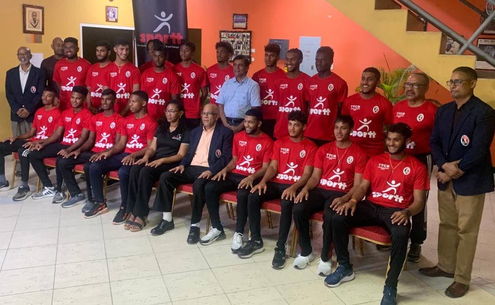 Under-23 cricketers with TTCB and SporTT officials at the launch of the development academy, at the National Cricket Centre, Balmain, Couva, Friday. - TTCB
