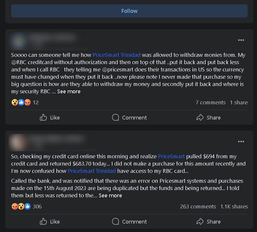 This screenshot shows two posts on Facebook, with the users' names digitally blurred. The users and others complained about deductions made by PriceSmart on their credit card accounts without their knowledge or permission.  - 