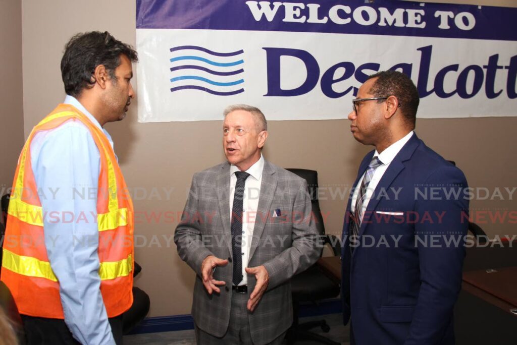Desalcott's general manager John Thompson, centre, speaks with WASA's head of operations, south region Anand Jaggernath, left, and WASA's chief executive Kelvin Romain during a press conference on the planned shutdown of the desalination plant at Desalcott. - Photo by Ayanna Kinsale