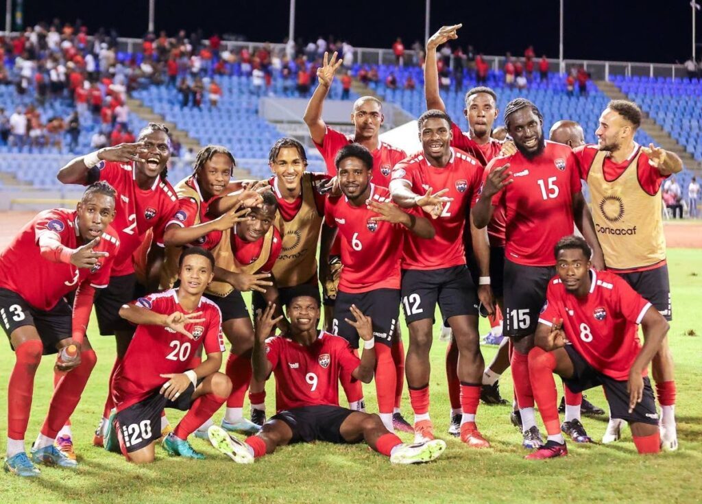 Trinidad and Tobago footballers celebrate their 3-2 victory over Guatemala at the Hasely Crawford Stadium, Mucurapo on Friday.  - TTFA Media