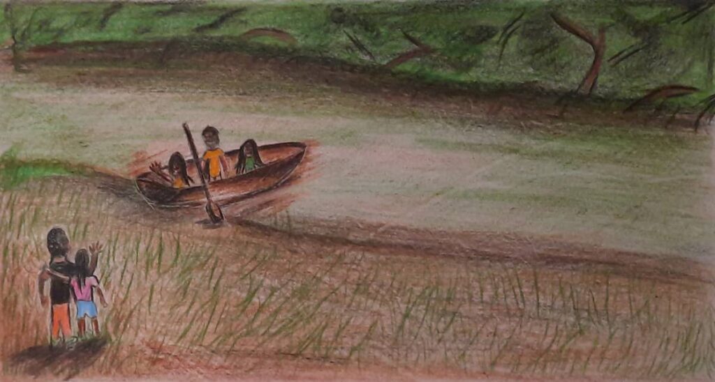 Rose and her siblings watch their parents get into Mr Beharry’s boat. - Illustrated by Tyler Villaruel