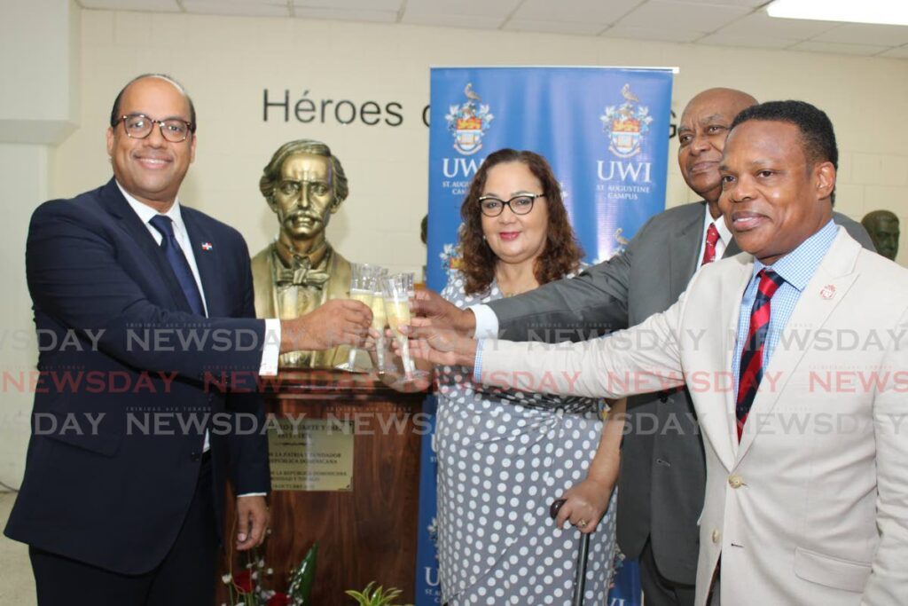 Ambassador Wellington Bencosme,  professor Rose-Marie Belle Antoine, pro vice chancellor and campus principal UWI; professor Lancelot Cowie, honorary professor of Latin American studies programme and Minister of Foreign and Caricom Affairs Dr Amery Browne. - Grevic Alvarado