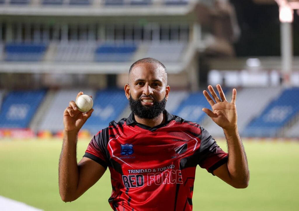 Red Force leg-spinner Yannic Cariah celebrates his five-for against Guyana Harpy Eagles in a Super50 match on Saturday at the Brian Lara Cricket Academy, Tarouba. - CWI Media