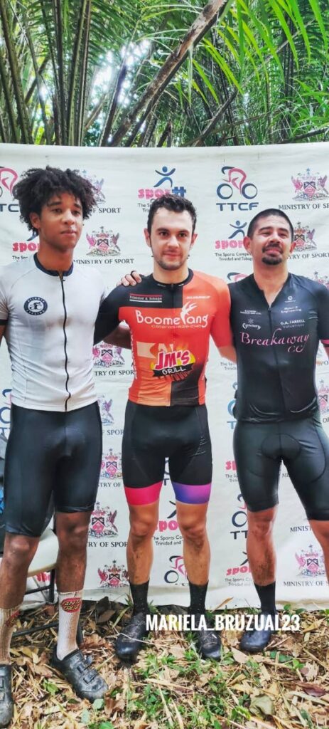 Mountain bike series winner Enrique De Comarmond, centre, with silver medallist Ryan Chin, right, and bronze receiverr Nikolai Ho. - Courtesy TTCF