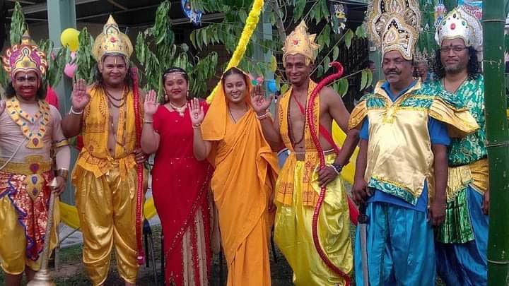 Pundit Balliram Chan, left, with members of various Ramleela groups as they performed at the Lloyd Best Institute for an Inter-cultural event with other islands from the Caribbean. - 