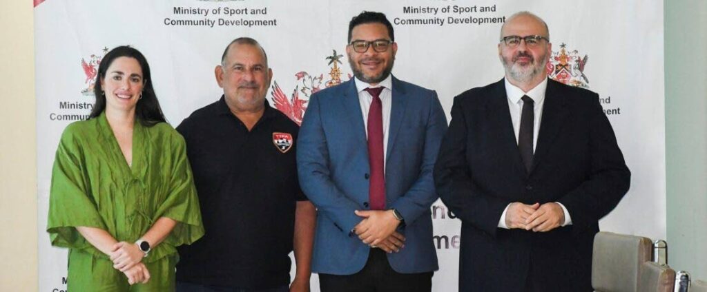 TTFA normalisation committee chairman Robert Hadad, second from left, with FIFA officials Sofia Malizia, left, Nodar Akhalkatsi, right, and acting Minister of Sport Randall Mitchell, at the ministry, Port of Spain on Wednesday.  - TTFA
